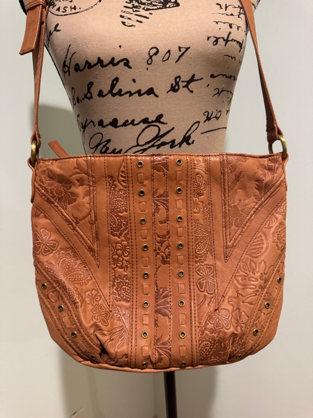 Cabin Creek Soft Embossed Floral Leather Crossbody Bag in Tan